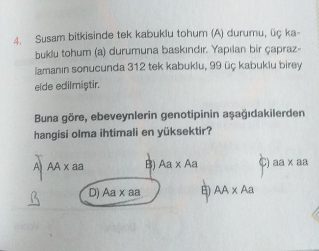 Susam bitkisinde tek kabuklu tohum (A) durumu, üç ka-
buklu tohum (a) durumuna baskındır. Yapılan bir çapraz-
lamanın sonucunda 312 tek kabuklu, 99 üç kabuklu birey
elde edilmiştir.
Buna göre, ebeveynlerin genotipinin aşağıdakilerden
hangisi olma ihtimali 