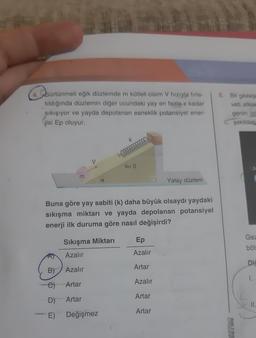 4. Sürtünmeli eğik düzlemde m kütleli cisim V hızıyla fırla-
tıldığında düzlemin diğer ucundaki yay en fazla x kadar
sıkışıyor ve yayda depolanan esneklik potansiyel ener-
jisi Ep oluyur.
k
www.
k# 0
m
Yatay düzlem
Buna göre yay sabiti (k) daha büyük olsaydı yaydaki
sıkışma miktarı ve yayda depolanan potansiyel
enerji ilk duruma göre nasıl değişirdi?
Sıkışma Miktarı
Ep
Azalır
Azalır
Azalır
Artar
Artar
Azalır
Artar
Artar
Değişmez
Artar
B)
e)
D)
E)
6. Bir gezege
veti etkisi
genin izl
şekildeki
MOASI
Gez
böl
Dic
1.
11.