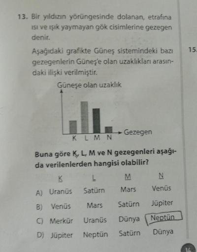 13. Bir yıldızın yörüngesinde dolanan, etrafına
Isı ve ışık yaymayan gök cisimlerine gezegen
denir.
Aşağıdaki grafikte Güneş sistemindeki bazı
gezegenlerin Güneş'e olan uzaklıkları arasın-
daki ilişki verilmiştir.
Güneşe olan uzaklık
→Gezegen
KLMN
Buna gör