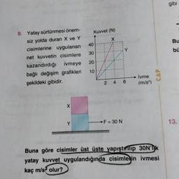 Kuvvet (N)
X
9. Yatay sürtünmesi önem-
siz yolda duran X ve Y
cisimlerine uygulanan
net kuvvetin cisimlere
kazandırdığı ivmeye
bağlı değişim grafikleri
şekildeki gibidir.
X
Y
F = 30 N
Buna göre cisimler üst üste yapıştırılıp 30N'
yatay kuvvet uygulandığında cisimlerin ivmesi
kaç m/s olur?
40
30
20
10
A
Y
246
İvme
(m/s²)
gibi
Bu
bü
13.