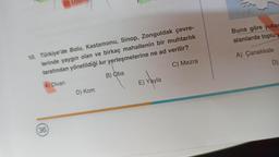 D)
10. Türkiye'de Bolu, Kastamonu, Sinop, Zonguldak çevre-
lerinde yaygın olan ve birkaç mahallenin bir muhtarlık
tarafından yönetildiği kır yerleşmelerine ne ad verilir?
A) Divan
B) Oba
C) Mezra
D) Kom
E) Yayla
36
Buna göre yukar
alanlarda toplu y
A) Çanakkale
D)