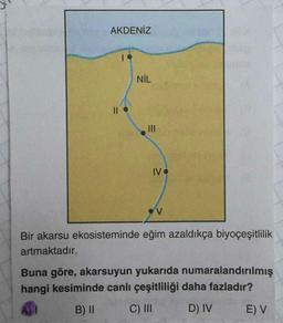 AKDENİZ
NİL
||
|||
IV.
V
Bir akarsu ekosisteminde eğim azaldıkça biyoçeşitlilik
artmaktadır.
Buna göre, akarsuyun yukarıda numaralandırılmış
hangi kesiminde canlı çeşitliliği daha fazladır?
B) II
C) III
D) IV
E) V