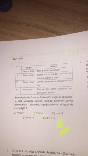 ÇAP/AYT
Divan
Görevi
1
Divan-ı İstifa
Mali işlerden sorumludur.
11
Divan-ı İnşa
Resmi yazışmalardan sorumlu ve
sultanın tuğrasını çeker.
|||
Divan-ı İşraf
Zulme uğrayanların sorunlarını çö-
zer.
IV
Divan-ı Arz
Mali ve idari işlerin kanunlara uy-
gunluğunu