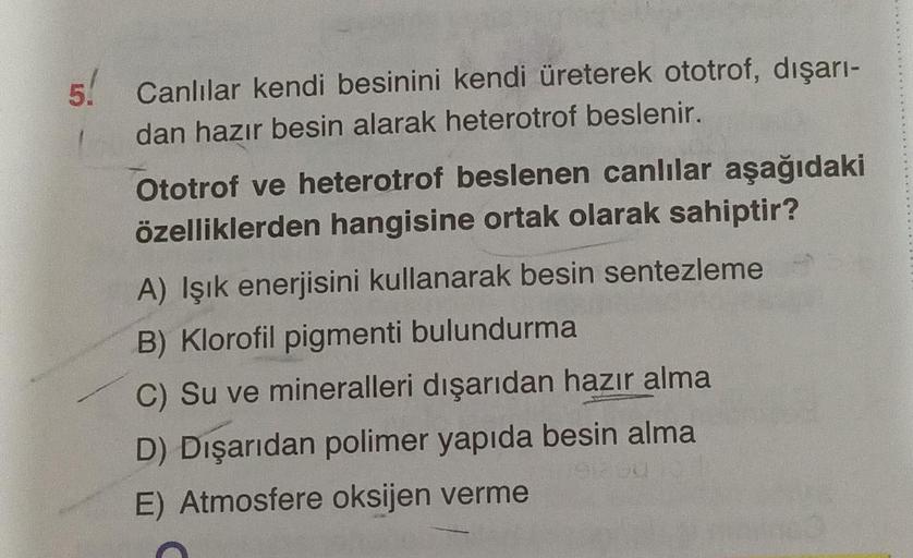 5! Canlılar kendi besinini kendi üreterek ototrof, dışarı-
dan hazır besin alarak heterotrof beslenir.
Ototrof ve heterotrof beslenen canlılar aşağıdaki
özelliklerden hangisine ortak olarak sahiptir?
A) Işık enerjisini kullanarak besin sentezleme
B) Klorof