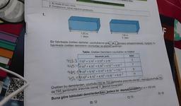 MERKEZI SINAV
1. Bu testte 20 soru vardır.
2. Cevaplarınızı, cevap kâğıdına işaretleyiniz.
1.
F
7,55 m
1. depo
7,95 m
II. depo
Bir fabrikada üretilen demirler, uzunluklarına göre I ve II. depolara yerleştirilmektedir. Aşağıda, bu
fabrikada üretilen demirlerin uzunlukları ve adetleri verilmiştir.
Tablo: Üretilen Demirlerin Uzunlukları ve Adetleri
Uzunluk (cm)
Adet
72313 7.10²+3.10¹ +3.10° +3.10-1
6
5
245/457.10² +4.101 +5.100 +4.10-1 +5.10-2
785,57.102 +8.10¹ +5.10° +5.10-1 +7.10-²
11
754 587.102+5.10¹ +4.10° +5.10-1 +9.10-2
Üretilen bu demirlerden, uzunluğu 700 ile 755 santimetre arasında olanlar 1. depoya uzunluğu 740
ile 795 santimetre arasında olanlar II. depoya konacaktır.
D) 18
Buna göre tablodaki demirlerden kaçı, sadece bir depoya konabilir? (1 m = 100 cm)
C) 13
B) 12
MATEMATIK
7
6