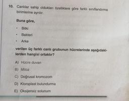 10. Canlılar sahip oldukları özelliklere göre farklı sınıflandırma
birimlerine ayrılır.
Buna göre,
●
Bitki
●
Bakteri
●
Arke
verilen üç farklı canlı grubunun hücrelerinde aşağıdaki-
lerden hangisi ortaktır?
A) Hücre duvarı
B) Mitoz
C) Doğrusal kromozom
D) Kloroplast bulundurma
E) Oksijensiz solunum