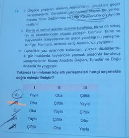 14. I. Göçebe yaşayan ailelerin hayvanlarını otlattıkları geçici
yerleşmelerdir. Genellikle çadırlardan oluşan bu yerleş-
melere Toros Dağları'nda ve Orta Karadeniz'in güneyinde
rastlanır.
II. Geniş ve verimli araziler üzerine kurulmuş, bir ya da birkaç
ev ile eklentilerinden oluşan yerleşim birimidir. Tarım ve
hayvancılık faaliyetlerinin bir arada yapıldığı bu yerleşme-
ler Ege, Marmara, Akdeniz ve İç Anadolu'da yaygındır.
III. Genellikle yaz aylarında kullanılan, yüksek düzlüklerde-
ki gür otlaklarda, hayvancılık yapmak amacıyla kurulmuş
yerleşmelerdir. Kuzey Anadolu Dağları, Toroslar ve Doğu
Anadolu'da yaygındır.
Yukarıda tanımlanan köy altı yerleşmeleri hangi seçenekte
doğru eşleştirilmiştir?
I
||
A)
Yayla
Oba
Çiftlik
Oba
Çiftlik
Yayla
Oba
Yayla
Çiftlik
Yayla
Çiftlik
Oba
Çiftlik
Oba
Yayla
diğ
F