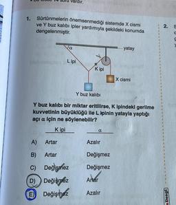 ardır.
1.
Sürtünmelerin önemsenmediği sistemde X cismi
ve Y buz kalıbı ipler yardımıyla şekildeki konumda
dengelenmiştir.
a
yatay
Dislimmer
Lipi
Kipi
X cismi
Y buz kalıbı
Y buz kalıbı bir miktar eritilirse, K ipindeki gerilme
kuvvetinin büyüklüğü ile L ipinin yatayla yaptığı
açı a için ne söylenebilir?
Kipi
a
A)
Artar
Azalır
B)
Artar
Değişmez
C) Değişmez
Değişmez
D)
Değişmez
Artar
Değişmez
Azalır
E
2.
a Dengi