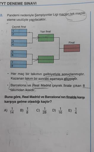 TYT DENEME SINAVI
22. Pandemi nedeniyle Şampiyonlar Ligi maçları tek maçlık
eleme usulüyle yapılacaktır.
Çeyrek final
1
Yarı final
2
3
Final
4
5
6
7
8
• Her maç bir takımın galibiyetiyle sonuçlanmıştır.
Kazanan takım bir sonraki aşamaya geçmiştir.
Barcelon