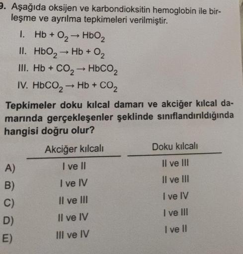 9. Aşağıda oksijen ve karbondioksitin hemoglobin ile bir-
leşme ve ayrılma tepkimeleri verilmiştir.
1. Hb + 0₂ → HbO₂
II. HbO₂ → Hb + 0₂
III. Hb + CO, → HbCO,
IV. HbCO, → Hb + CO,
Tepkimeler doku kılcal damarı ve akciğer kılcal da-
marında gerçekleşenler ş