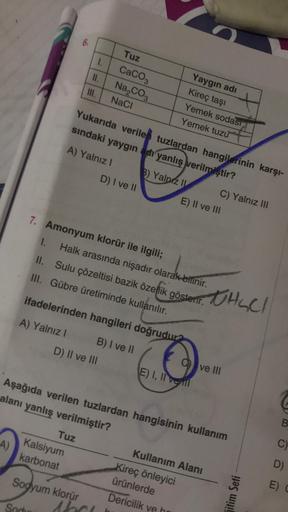 Tuz
Yaygın adı
1.
CaCO3
Kireç taşı
11.
Na₂CO3
Yemek sodası
III.
NaCl
Yemek tuzu
Yukarıda verilen tuzlardan hangilerinin karşı-
sındaki yaygın adı yanlış verilmiştir?
A) Yalnız I
3) Yalnız II
C) Yalnız III
D) I ve II
E) II ve III
7. Amonyum klorür ile ilgil