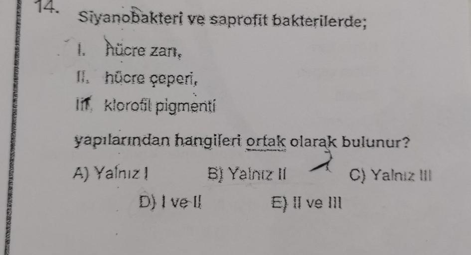 14.
Siyanobakteri ve saprofit bakterilerde;
1. hücre zari,
II. hücre çeperi,
If, klorofil pigmenti
yapılarından hangileri ortak olarak bulunur?
A) Yalnız !
B) Yalnız II
C) Yalnız III
D) I ve II
E) II ve III