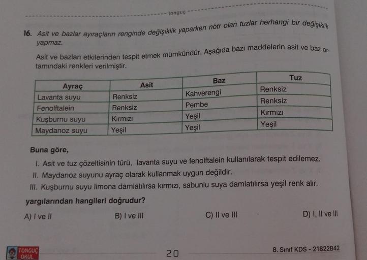 tonguç
16. Asit ve bazlar ayıraçların renginde değişiklik yaparken nötr olan tuzlar herhangi bir değişiklik
Asit ve bazları etkilerinden tespit etmek mümkündür. Aşağıda bazı maddelerin asit ve baz or-
yapmaz.
tamındaki renkleri verilmiştir.
Tuz
Baz
Ayraç
A