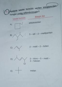 7. Aşağıda iskelet formülü verilen bileşiklerden
hangisi yanlış adlandırılmıştır?
İskelet formülü
Bileşik Adı
etilsiklobütan
( 3- etil-2-metilpentan
yo
2-metil-2-büten
2-kloro-5-metil-
3-hekzen
metan
A)
B)
D)
E)
AY
MY
CI
+