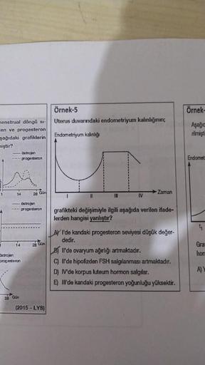 menstrual döngü si-
en ve progesteron
şağıdaki grafiklerin
miştir?
ostrojen
progesteron
14
28 Gün
ostrojen
progesteron
14
ostrojen
progesteron
28 Gün
28 Gün
(2015-LYS)
Örnek-5
Uterus duvarındaki endometriyum kalınlığının;
Endometriyum kalınlığı
-Zaman
I
||