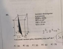 40.
Şekildeki dikdörtgenler
prizmasında
BINBD=21ANA
IBCI= 8 cm
IABI = 10 cm
IEAI = 9 cm
g
A
B
N
3² = 8² + x ²
(3₁)
3K
Yukarıdaki verilere göre, Alan(DNL) kaç cm² dir?
A) 30
B) 45 c) 50
D) 60
E) 75
8
C