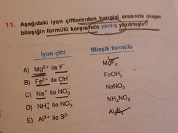 11. Aşağıdaki iyon çiftlerinden hangisi arasında oluşan
bileşiğin formülü karşısında yanlış yazılmıştır?
İyon çifti
Bileşik formülü
A) Mg2+ ile F
MgF₂
B) Fe2+ ile OH
FeOH₂
C) Na ile NO₂
NaNO3
D) NH ile NO
NH₂NO3
E) Al³+ ile S2-
Al