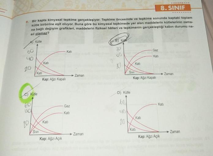 8. SINIF
9.
Bir kapta kimyasal tepkime gerçekleşiyor. Tepkime öncesinde ve tepkime sonunda kaptaki toplam
kütle birbirine eşit oluyor. Buna göre bu kimyasal tepkimede yer alan maddelerin kütlelerinin zama-
na bağlı değişim grafikleri, maddelerin fiziksel h