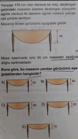 Yarıçapı 170 cm olan dairesel bir örtü, dikdörtgen
şeklindeki masanın üzerine dikdörtgen yüzeyinin
ağırlık merkezi ile dairenin ağırlık merkezi çakışa-
cak şekilde seriliyor.
Masanın önden görünümü aşağıdaki gibidir.
90
Masa üzerindeki örtü 90 cm masadan aşağıya
doğru sarkmaktadır.
Buna göre, bu masanın yandan görünümü aşa-
ğıdakilerden hangisidir?
A)
50
B)
40
30 D)
10
20