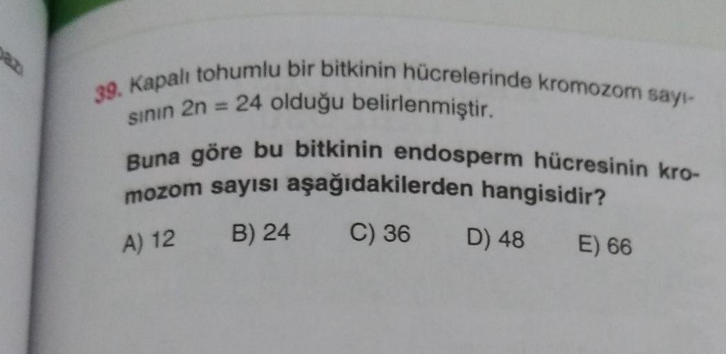 39. Kapalı tohumlu bir bitkinin hücrelerinde kromozom sayı-
sının 2n = 24 olduğu belirlenmiştir.
Buna göre bu bitkinin endosperm hücresinin kro-
mozom sayısı aşağıdakilerden hangisidir?
A) 12 B) 24 C) 36
D) 48 E) 66