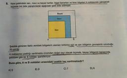 8. Kare şeklindeki san, mavi ve beyaz kartlar, ikişer kenartan ve birer köşelen A noktasında çakışacak
biçimde üst üste yapıştındarak aşağıdaki şekil elde edilmiştir.
Beyaz
bavi
San
Şekilde görünen farklı renkteki bölgelerin alanlan birbirine eşit ve san bölgenin çevresinin uzunluğu
20 cm dir
A noktasına uzaklığı santimetre cinsinden doğal sayı olacak biçimde, beyaz bölgenin kenarında
pakideki gibi bir B noktası şareleriyor.
Buna göre, A ve B noktaları arasındaki uzaklık kaç santimetredir?
A19
B) 8
C) 7
D)6