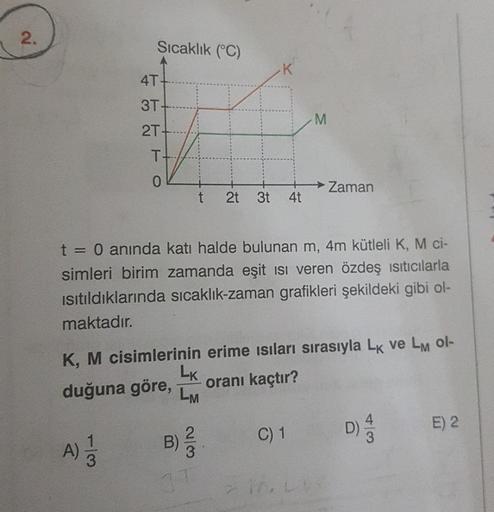 2.
Sıcaklık (°C)
4T-
3T-
2T
T
O
M
Zaman
t 2t 3t 4t
t = 0 anında katı halde bulunan m, 4m kütleli K, M ci-
simleri birim zamanda eşit isi veren özdeş ısıtıcılarla
ısıtıldıklarında sıcaklık-zaman grafikleri şekildeki gibi ol-
maktadır.
K, M cisimlerinin erim