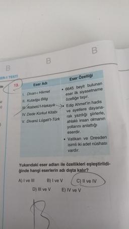 B
ER-1 TESTİ
13.
de
iz
1)
J
B
Eser Adı
1. Divan-ı Hikmet
II. Kutadgu Bilig
Atabetü'l-Hakayık.
Eser Özelliği
6645 beyit bulunan
eser ilk siyasetname
özelliğe taşır.
Edip Ahmet'in hadis
ve ayetlere dayana-
rak yazdığı şiirlerle,
ahlaklı insan olmanın
yollarını anlattığı
eserdir.
IV. Dede Korkut Kitabı
V. Divanü Lügati't-Türk
• Vatikan ve Dresden
isimli iki adet nüshası
vardır.
Yukarıdaki eser adları ile özellikleri eşleştirildi-
ğinde hangi eserlerin adı dışta kalır?
A) I ve III
B) I ve V
C
C) II ve IV
E) IV ve V
B
D) III ve V
