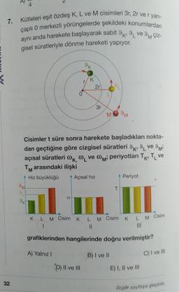 4
7.
Kütleleri eşit özdeş K, L ve M cisimleri 3r, 2r ve r yarı-
çaplı 0 merkezli yörüngelerde şekildeki konumlardan
aynı anda harekete başlayarak sabit 9, 9, ve 3 çiz-
gisel süratleriyle dönme hareketi yapıyor.
K
M
Cisimler t süre sonra harekete başladıkları nokta-
dan geçtiğine göre cizgisel süratleri 9K, 9 ve 9³
açısal süratleri @K, @₁ ve @M: periyotları TK, TL ve
TM arasındaki ilişki
A Hız büyüklüğü
Açısal hız
Periyot
9K
K L M Cisim KLM Cisim K L M Cisim
1
||
grafiklerinden hangilerinde doğru verilmiştir?
A) Yalnız I
B) I ve II
C) I ve Ill
'D) II ve III
E) I, II ve III
Diğer sayfaya geçiniz.
32
9M
2r
3r