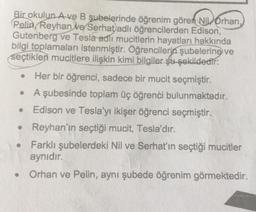 Bir okulun A ve B şubelerinde öğrenim gören Nil Orhan,
Pelin Reyhan ve Serhat adlı öğrencilerden Edison,
Gutenberg ve Tesla adlı mucitlerin hayatları hakkında
bilgi toplamaları istenmiştir. Öğrencilerin şubelerine ve
seçtikleri mucitlere ilişkin kimi bilgiler şu şekildedir:
Her bir öğrenci, sadece bir mucit seçmiştir.
• A şubesinde toplam üç öğrenci bulunmaktadır.
Edison ve Tesla'yı ikişer öğrenci seçmiştir.
Reyhan'ın seçtiği mucit, Tesla'dır.
@
Farklı şubelerdeki Nil ve Serhat'ın seçtiği mucitler
aynıdır.
*
Orhan ve Pelin, aynı şubede öğrenim görmektedir.