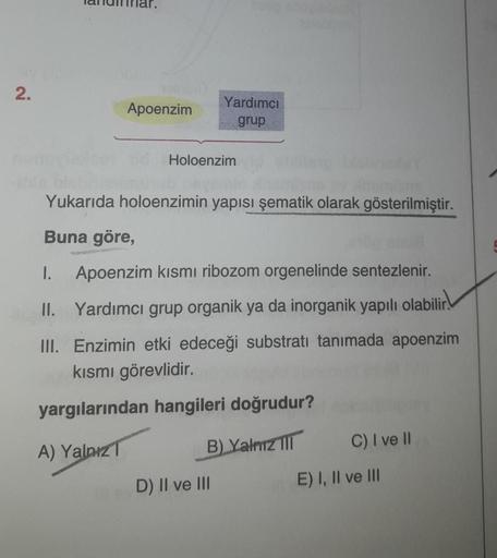 2.
Apoenzim
Holoenzim
Yukarıda holoenzimin yapısı şematik olarak gösterilmiştir.
Buna göre,
1. Apoenzim kısmı ribozom orgenelinde sentezlenir.
II. Yardımcı grup organik ya da inorganik yapılı olabilir!
III. Enzimin etki edeceği substratı tanımada apoenzim