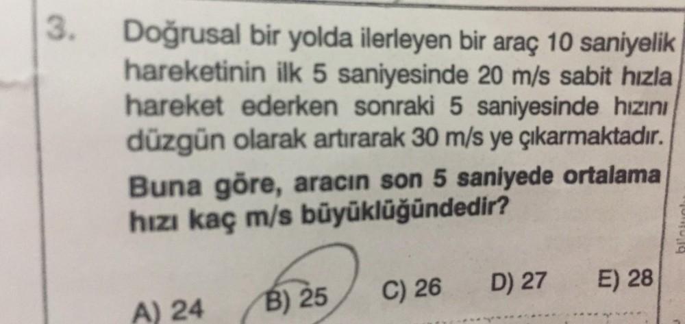 3. Doğrusal bir yolda ilerleyen bir araç 10 saniyelik - Fizik