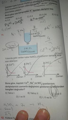 0₁1-
Şekildeki kapta bulunan Pb(NO3)2 çözeltisine üzerinde belirtilen
ve OH iyonlarının
KOH çözeltisinin tamamı eklendiğinde Pb²+
tümü birlikte çöküyor.
Buna göre son karışımdaki K* lyonları derişimi kaç
molardır?
A) 0,5
B) 0,45
C) 0,3
D) 0,24
k+ + OH-
Pb+