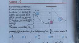 SORU-9
Sürtünmesiz ortamda
K noktasından serbest
bırakılan m kütleli X
cismi, ip ile asılı den-
gede duran 2m kütleli
Y cismine çarparak ya
pişiyor.
Yapışık cisimler h₂
h₁
yüksekliğine kadar çıkabildiğine göre,
h₂
9
A) 5/20
B) 3
C)
D) 9
192
V=0
m
h₂
K
X
ip
2m
O
oranı kaçtır?
E) 16
Y
av