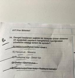 B
AYT/Fen Bilimleri
34. Dengeli beslenen sağlıklı bir bireyde üriner sisteme
ait aşağıdaki yapıların hangilerinin içeriğindeki
çözeltinin niteliği birbiri ile aynıdır?
A) Henle kulpu çıkan kolu Üretra
B) Havuzcuk - Mesane
CASCA
Proksimal tüp - Distal tüp
DÜreter Glomerulus
SE Henle kulpuinen kolu-Toplayıcı kanallar