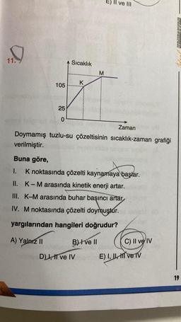 11.
105
25
0
Zaman
Doymamış tuzlu-su çözeltisinin sıcaklık-zaman grafiği
verilmiştir.
Buna göre,
I.
K noktasında çözelti kaynamaya başlar.
II. K-M arasında kinetik enerji artar.
III. K-M arasında buhar başıncı artar
IV. M noktasında çözelti doymuştur.
yargılarından hangileri doğrudur?
A) Yalnız II
B) ve II
D), Il ve IV
Sıcaklık
K
Il ve III
M
C) II ve IV
E) I, II, III ve IV
19