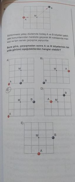 B
6.
M
A
Sürtünmesiz yatay düzlemde özdeş A ve B bilyeleri şekil-
deki konumlarından harekete geçerek M noktasında mer-
kezi ve tam esnek çarpışma yapıyorlar.
Buna göre, çarpışmadan sonra A ve B bilyelerinin bir
anlık görümü aşağıdakilerden hangisi olabilir?
B)
A)
M
M
A
B
A
M
B
B
M
D)
A
B
A
M
B