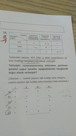 15.
Ja
Özellik
Molekül
çeşidi
Yapısında
riboz
bulundurma
ATP
11 +
DNA
111-
+
RNA
+
+
IV +
Yukarıdaki tabloda, ATP, DNA ve RNA moleküllerine ait
bazı özellikler karşılaştırmalı olarak verilmiştir.
Tablodaki numaralandırılmış bölümlere yazılması
gereken uygun işaretler, aşağıdakilerden hangisinde
doğru olarak verilmiştir?
(Tablodaki+; molekül çeşidinin ilgili özelliğe sahip olduğunu, - ;
molekül çeşidinin ilgili özelliğe sahip olmadığını ifade etmektedir.)
|||
IV
+
+
+
B)
+
Yapısında
adenin bazı
bulundurma
▸
dog
++
11+
Yapısında
ester bağı
bulundurma
+