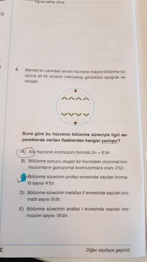 TV
§
2
Tığına sahip olma
4.
Memeli bir canlıdan alınan hücrenin mayoz bölünme sü-
recine ait bir evrenin mikroskop görüntüsü aşağıda ve-
rilmiştir.
Buna göre bu hücrenin bölünme süreciyle ilgili se-
çeneklerde verilen ifadelerden hangisi yanlıştır?
(A) Ata