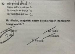 13. Hey birince birince C
Kaşık saldım pirince O
Bir incecik ter bürür b
Yâr kapıdan girince G
a
Bu dizeler, aşağıdaki nazım biçimlerinden hangisinin
örneği olabilir?
A Koşma
B) Türkü
C) Mani
D) Semai
E) Varsağı