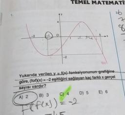 TEMEL MATEMATI
3b
-3
219
5
-2
f(x)
Yukarıda verilen y = f(x) fonksiyonunun grafiğine
göre, (fof)(x)=-2 eşitliğini sağlayan kaç farklı x gerçel
sayısı vardır?
A) 2
B) 3 C) 4 D) 5 E) 6
F(f(x)) = -2
45
-1
Ay
O
1
7
8