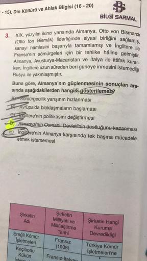 $
BİLGİ SARMAL
- 15), Din Kültürü ve Ahlak Bilgisi (16-20)
3. XIX. yüzyılın ikinci yarısında Almanya, Otto von Bismarck
(Otto fon Bismák) liderliğinde siyasi birliğini sağlamış,
sanayi hamlesini başarıyla tamamlamış ve Ingiltere ile
Fransa'nın sömürgeleri 