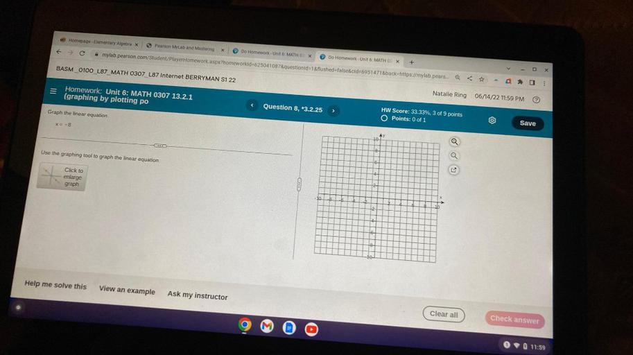 Graph the linear equation. x= 8 Use the graphing t... Geometry