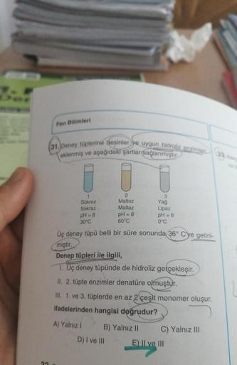 22
Fen Bilimleri
31. Deney tüplerine besinler ve uygun hidroliz enzimler
eklenmiş ve aşağıdaki şartlar sağlanmıştır
1
2
3
Sükroz
Maltoz
Yağ
Sükraz
Maltaz
Lipaz
pH = 8
pH = 8
pH = 8
30°C
60°C
0°C
Üç deney tüpü belli bir süre sonunda 36° C'ye getiril-
miştir