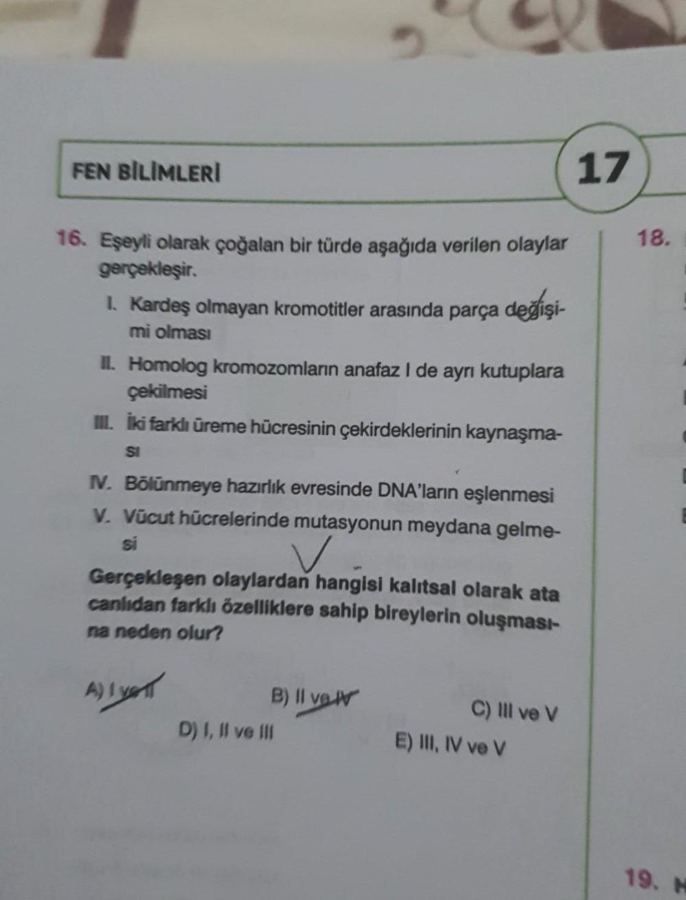 FEN BİLİMLERİ 16. Eşeyli olarak çoğalan bir türde a... - Biyoloji