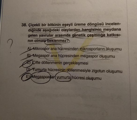 ?
38. Çiçekli bir bitkinin eşeyli üreme döngüsü incelen-
diğinde aşağıdaki olaylardan hangisinin meydana
gelen yavrular arasında genetik çeşitliliğe katkısı-
nın olması beklenmez?
A) Mikrospor ana hücresinden mikrosporların oluşumu
B Megaspor ana hücresind