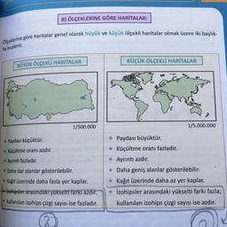 B) ÖLÇEKLERİNE GÖRE HARİTALAR:
Ölçeklerine göre haritalar genel olarak büyük ve küçük ölçekli haritalar olmak üzere iki başlık-
ta incelenir.
BÜYÜK ÖLÇEKLİ HARİTALAR
KÜÇÜK ÖLÇEKLİ HARİTALAR
1/500.000
+ Paydası küçüktür.
+ Küçültme oranı azdır.
✦ Ayrıntı fazladır.
Daha dar alanlar gösterilebilir.
+ Kağıt üzerinde daha fazla yer kaplar.
İzohipsler arasındaki yükselti farkı azdır.
Kullanılan izohips çizgi sayısı ise fazladır.
1/5.000.000
Paydası büyüktür.
Küçültme oranı fazladır.
Ayrıntı azdır.
Daha geniş alanlar gösterilebilir.
Kağıt üzerinde daha az yer kaplar.
İzohipsler arasındaki yükselti farkı fazla;
kullanılan izohips çizgi sayısı ise azdır.