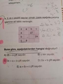 24
söleyemem.
6
24
Ú
.62
8
V
U
a, b ve c pozitif sayılar olmak üzere aşağıda çarpma
2.
işlemine ait tablo verilmiştir.
3
dib=
27
X
a
b
C
36.0%==24
a
27
b
24
ak² = 8
C
8
Buna göre, aşağıdakilerden
hangisi doğrudur? (
A) 2b + a çift sayıdır.
B) c tek sayıdır.
C) 3c + a + b çift sayıdır.
D) 2a + b çift sayıdır.
E) a + b + c çift sayıdır.
N
N.M
B
A