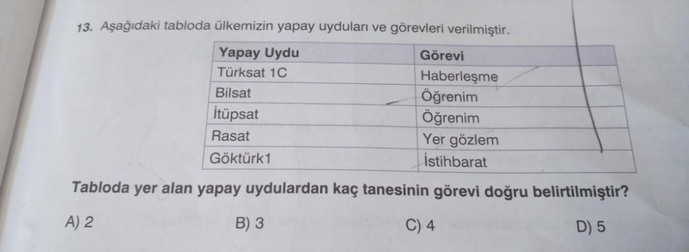 13. Aşağıdaki tabloda ülkemizin yapay uyduları ve görevleri verilmiştir.
Yapay Uydu
Türksat 1C
Görevi
Haberleşme
Öğrenim
Öğrenim
Yer gözlem
İstihbarat
Tabloda yer alan yapay uydulardan kaç tanesinin görevi doğru belirtilmiştir?
A) 2
C) 4
D) 5
Bilsat
İtüpsa