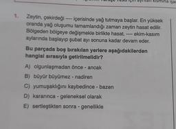 1.
Zeytin, çekirdeği ---- içerisinde yağ tutmaya başlar. En yüksek
oranda yağ oluşumu tamamlandığı zaman zeytin hasat edilir.
Bölgeden bölgeye değişmekle birlikte hasat, ekim-kasım
aylarında başlayıp şubat ayı sonuna kadar devam eder.
Bu parçada boş bırakılan yerlere aşağıdakilerden
hangisi sırasıyla getirilmelidir?
A) olgunlaşmadan önce - ancak
B) büyür büyümez - nadiren
C) yumuşaklığını kaybedince - bazen
D) kararınca - geleneksel olarak
E) sertleştikten sonra - genellikle
işar