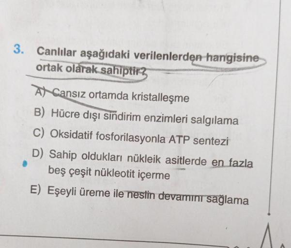 3. Canlılar aşağıdaki verilenlerden hangisine
ortak olarak sahiptir?
A Cansız ortamda kristalleşme
B) Hücre dışı sindirim enzimleri salgılama
C) Oksidatif fosforilasyonla ATP sentezi
D) Sahip oldukları nükleik asitlerde en fazla
beş çeşit nükleotit içerme